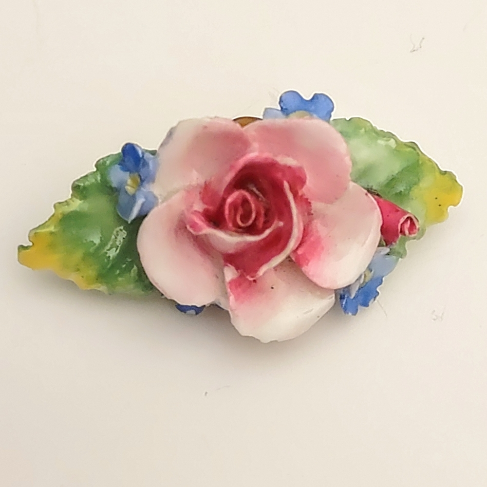 Signed ARTONE Bone China Made in England ROSE FLOWER Pink Vintage BROOCH Pin